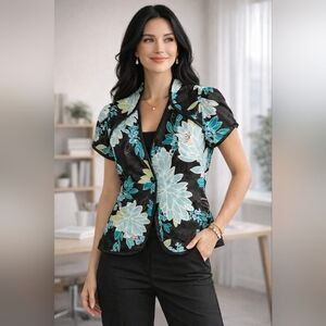MSK Floral Blazer Jacket Satin Black Teal Green Short Sleeve Size Medium